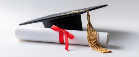A graduation cap and diploma on a white background photo