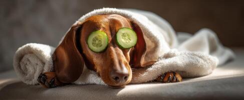 The adorable dachshund relaxing with cucumbers on its eyes. photo