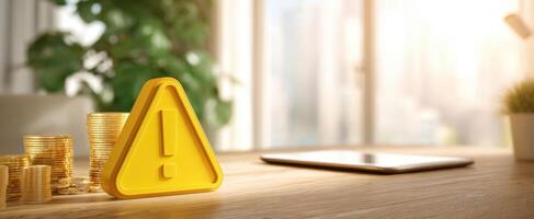 The yellow warning sign beside stacked coins on a modern workspace. photo