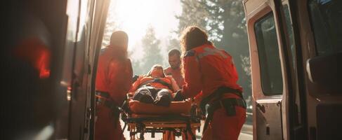 The emergency medical team transporting a patient for urgent care. photo