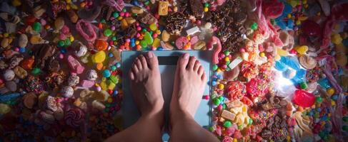 The scale surrounded by an abundance of colorful candy and sweets. photo
