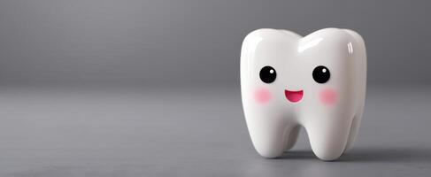 The cute smiling cartoon tooth character on a modern gray backdrop. photo