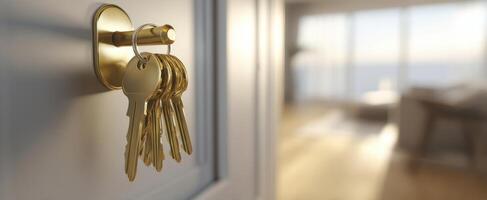 The keys hanging from a stylish door keyhole in a bright interior. photo