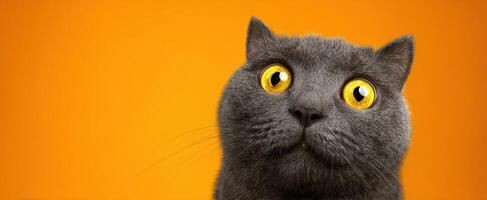 The Curious Gray Cat with Striking Yellow Eyes Against an Orange Background. photo
