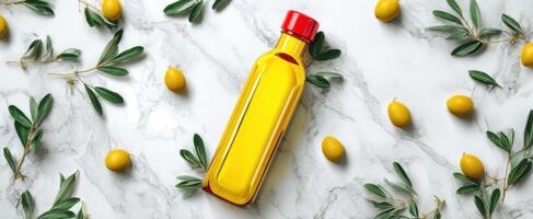 The Bright Yellow Olive Oil Bottle Surrounded by Fresh Olives and Green Leaves photo