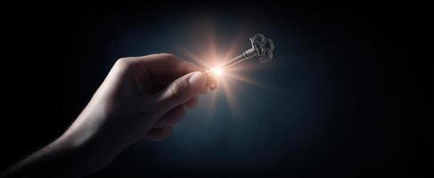 The Hand Holding a Key Illuminated by a Bright Light in Darkness photo