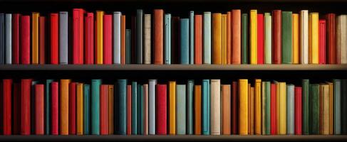 The colorful bookshelf filled with various books for inspiration and knowledge. photo