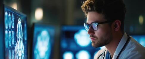 The doctor analyzing medical images with focus and dedication in a modern workspace. photo