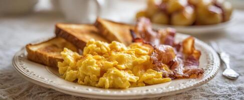 The delicious breakfast plate with fluffy scrambled eggs and crispy bacon. photo