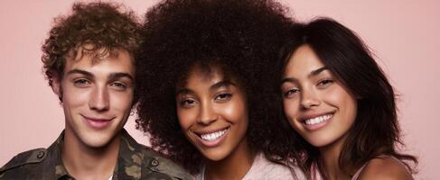 The diverse trio beams with joy and connection in a vibrant portrait. photo