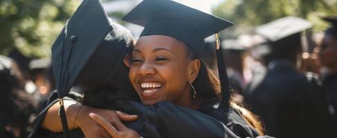 The joyful celebration of graduates embracing in a heartfelt moment of success. photo