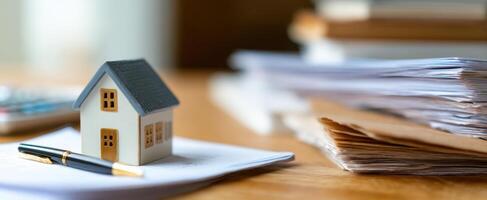 The miniature house representing homeownership in a workspace setting. photo
