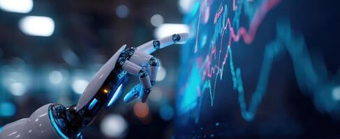 The robot interacting with data visualization on a digital display screen. photo