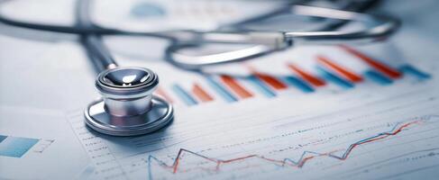 The stethoscope resting on statistical healthcare analysis documents and graphs. photo