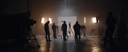 The film crew works diligently in a professional studio environment. photo