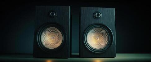 The modern speakers illuminated in a dark environment showcasing audio design elegance. photo