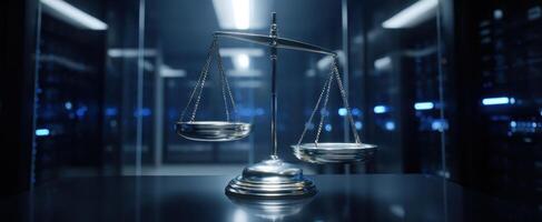 The scales of justice illuminated in a modern digital environment. photo