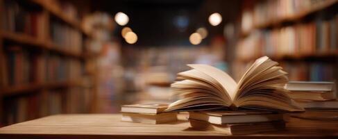 A stack of books on a table in front of a library photo