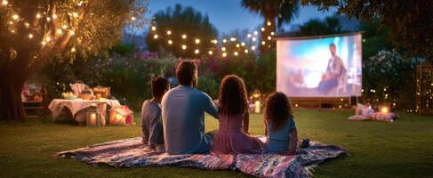 The family enjoying an outdoor movie night under twinkling lights. photo