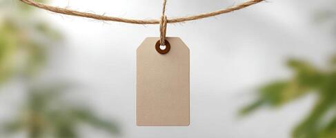The blank tag hanging on a rope against a soft natural background. photo