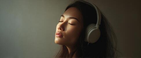 The woman enjoying music with headphones in a serene and peaceful moment. photo