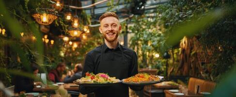 The waiter presenting beautiful dishes in a lush indoor garden setting. photo