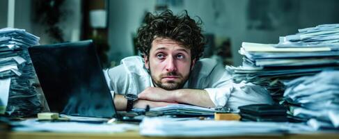 The Overwhelmed Office Worker Facing a Mountain of Papers and Stressful Deadlines photo
