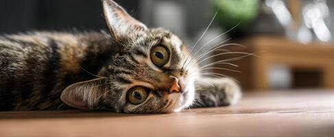 The adorable tabby cat relaxing on the wooden floor at home. photo