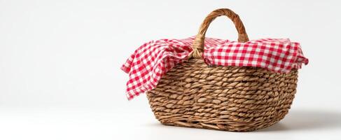 The woven picnic basket adorned with a red and white checkered cloth. photo