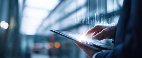 The tablet displaying dynamic financial data in a modern business environment. photo