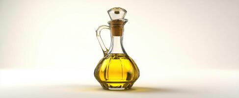 The elegant glass bottle filled with golden olive oil on a simple background. photo