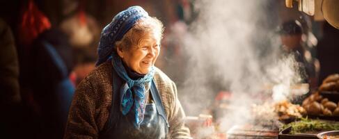 The smiling woman joyfully selling street food at a vibrant market. photo