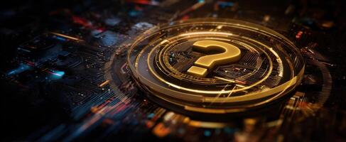 The golden question mark illuminated on a futuristic digital circuit background photo