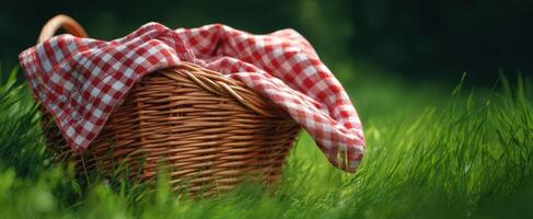 The charming picnic basket resting on lush green grass. photo