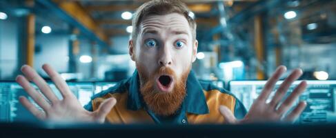 The surprised man reacts with excitement at his computer screen in the office. photo