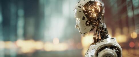 The advanced humanoid robot illuminated in a futuristic urban environment. photo