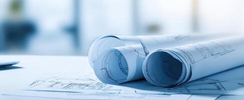 The rolled blueprints showcasing intricate designs for architectural projects. photo