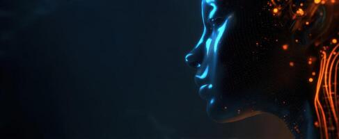 The futuristic profile of a glowing digital human face in neon colors. photo