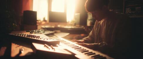 The musician creating melodies in a cozy home studio setting. photo