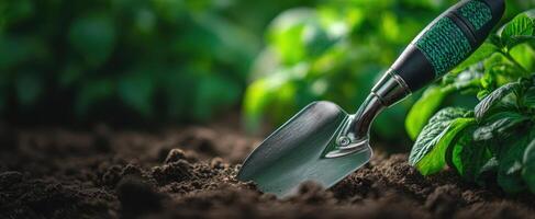 The shiny gardening shovel digging into rich, dark soil among lush green plants. photo