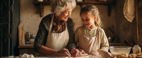 The Heartwarming Moment of Grandmother and Granddaughter Baking Together photo