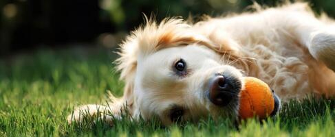 The playful golden retriever enjoying a sunny day with its orange ball. photo