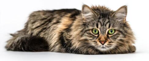 The beautiful fluffy cat lounging with striking green eyes. photo