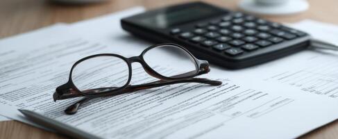 The calculator and glasses resting on documents in a professional workspace. photo