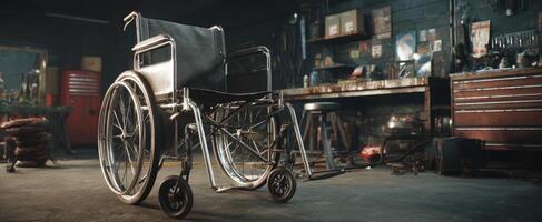 The wheelchair in a dimly lit workshop setting, symbolizing strength and resilience. photo