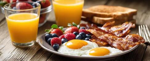 The delicious breakfast spread with eggs, bacon, toast, and fresh berries. photo