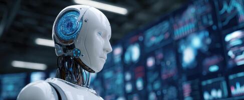 The futuristic robot with intricate design and advanced digital backdrop photo