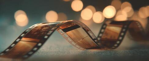 The film reel elegantly twists with sparkling lights in the background. photo