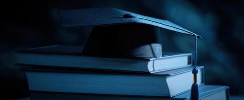 The graduation cap rests atop a stack of books in a moody setting. photo