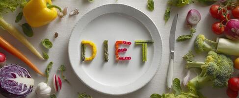 The Vibrant Arrangement of Fresh Vegetables Spelling 'DIET' on a Plate photo
